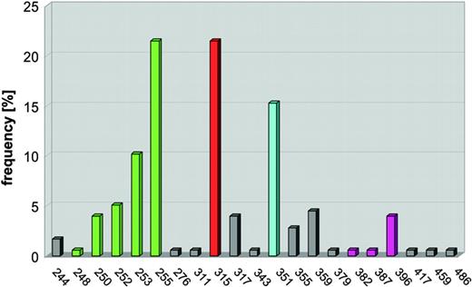 Figure 7. Schematic of point mutations in the ABL kinase domain. Mutations in the ABL kinase domain (amino acids 240 to 500) cluster in 4 distinct regions, the ATP-binding domain (amino acid 248-255, green), mutations of T315 (red), which form a hydrogen bond with imatinib, M351 (turquoise), which interacts with the SH2 domain and participates in autoregulation of kinase activity, and the activation loop (amino acids 379-398, magenta). The vertical lines represent the frequency each amino acid has been found to be mutated as compiled from the literature. Reprinted from Deininger et al.41
