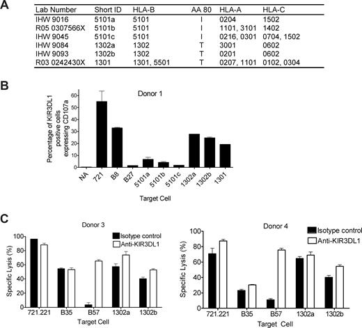 Figure 4. HLA-B*1302 and HLA-B*1301 do not inhibit cytotoxicity of KIR3DL1-dependent NK cells. (A) Polyclonally expanded NK cells from donor 1 were incubated with the class I HLA–negative cell line, 721.221 (positive control), a Bw6 control (B8; Table 2), a Bw4 control (B27; Table 2), 2 HLA-B*1302 targets, 1 HLA-B*1301 target, and 3 HLA-B*5101 targets. (B) CD107a expression was measured on KIR3DL1+, CD158b− NK cells incubated with various target cells or alone (NA). CD107a expression was induced by the 721.221 cell line and the Bw6 control (B8), and not by the Bw4 control (B27) as expected. All targets expressing either HLA-B*1302 or HLA-B*1301 failed to inhibit CD107a expression. HLA-B*5101–expressing targets inhibited CD107a expression. (C) A total of 2 KIR3DL1+ NK clones (clone C3 from donor 4 expressing the low-expression KIR3DL1*005 allele and clone D2 from donor 3 expressing the high-expression KIR3DL1*01502 allele) were used in the 4-hour 51Cr release assay against the class I–negative cell line (721.221), a Bw6 control (B35; Table 2), a Bw4 control (B57; Table 2) and 2 HLA-B*1302 homozygous targets (panel A) to confirm lack of inhibition through KIR3DL1. KIR3DL1 was blocked with anti-DX9 (KIR3DL1; □) and isotype control (IgG1; ■). Both NK clones lysed 721.221 and the Bw6 control (B35). Both NK clones were inhibited by the Bw4 control (B57), and inhibition was reversed in the presence of anti-KIR3DL1 mAb. Neither clone was inhibited by either HLA-B*1302 target with very little or no reversal of inhibition in the presence of the anti-KIR3DL1 mAb. Error bars represent SEM.
