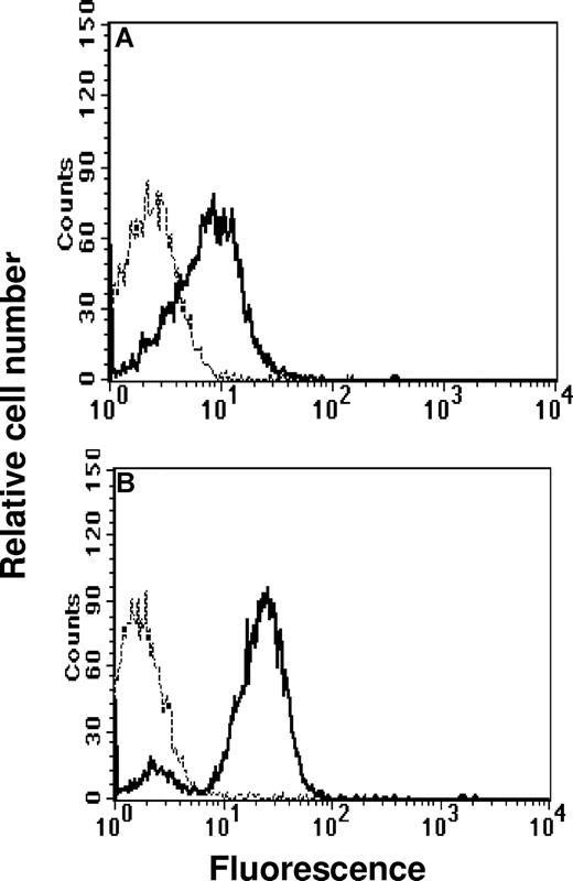 Figure 1. Binding of HCD122 to patient B-CLL cells. B-CLL patient cells were incubated on ice for 30 minutes with FITC-labeled HCD122 or huIgG1 isotype control antibody, washed, and analyzed by flow cytometry. The histograms show staining of lymphocyte-gated cells by isotype control and HCD122 from 2 patient samples representing low (A) and high (B) binding from patients C30 and C2, respectively. Dashed line represents huIgG1 isotype control; solid line represents HCD122.