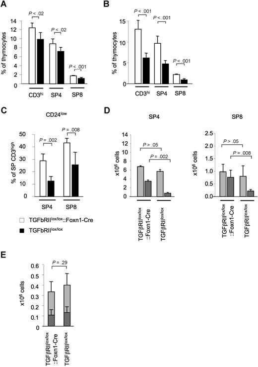 Figure 4. The absence of TGFβ signaling in TECs results in an increase in mature, single-positive thymocytes. (A) Relative frequency of phenotypically mature (ie, CD3high) thymocytes in 8-week-old TGFβRIIlox/lox::Foxn1-Cre (□) and TGFβRIIlox/lox (■) mice. (B) Relative frequency of CD3high SP thymocytes in E12.5 thymic lobes of phenotypically mature thymocytes in TGFβRIIlox/lox::Hoxa3-Cre (□) and TGFβRIIlox/lox (■) embryos grafted under the kidney capsule of syngeneic nude recipients and analyzed 12 weeks later. (C) Relative frequency of CD24low and (D) absolute numbers of CD24low () and CD24high () thymocytes among single-positive, CD3high thymocytes in TGFβRIIlox/lox::Foxn1-Cre and TGFβRIIlox/lox mice. (E) Thymic export measured by intrathymic FITC injection of 5-week-old mice and quantification of FITC+ cells 24 hours later: absolute number of FITC+ T cells detected in spleen and lymph nodes ( CD4+ T cells, CD8+ T cells). One of 3 experiments with similar results shown. P values were obtained using a t test. Error bars represent SD.