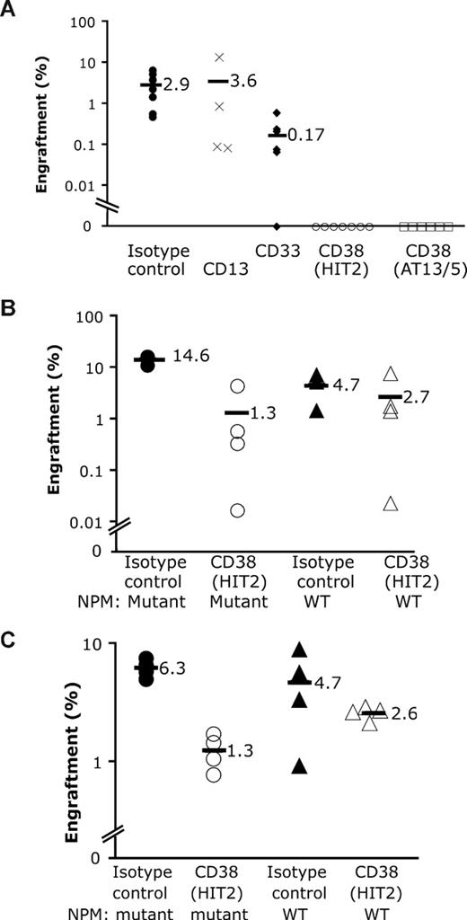 Figure 4. Effect of CD38 antibody in NOD/SCID/β2m−/− and NOD/SCID/IL2rγ−/− mice. AML cells were incubated with either isotype control or test antibody and transplanted into mice. (A) A total of 5.5 × 106 AML cells (sample 3) were transplanted into NOD/SCID/β2m−/− mice. Both the HIT2 and AT13/5 clones of anti-CD38 antibody abolished engraftment of AML at 6 weeks. Blasts from sample 3 express CD33 and CD13. A total of 7.5 × 106 T-cell-deplete AML cells were transplanted into NOD/SCID/IL2rγ−/− mice from sample 4 (B) and sample 5 (C). Engraftment of both AML and normal human hematopoietic cells was noted in each mouse. The percentage of human cells with mutant NPM and wild-type (WT) NPM was determined quantitatively to assess percentage of normal and AML cells. ● and ○ represent the percentage of total bone marrow that was leukemic. ▴ and ▵ represent the percentage of bone marrow that was normal human hematopoietic cells. Note that for each mouse there is a circle and a triangle. For each AML sample, there was a significant reduction in the percentage of AML in mice receiving cells incubated with CD38 antibody (P = .001), whereas there was no significant reduction in normal hematopoietic cells from these same mice (P > .1).