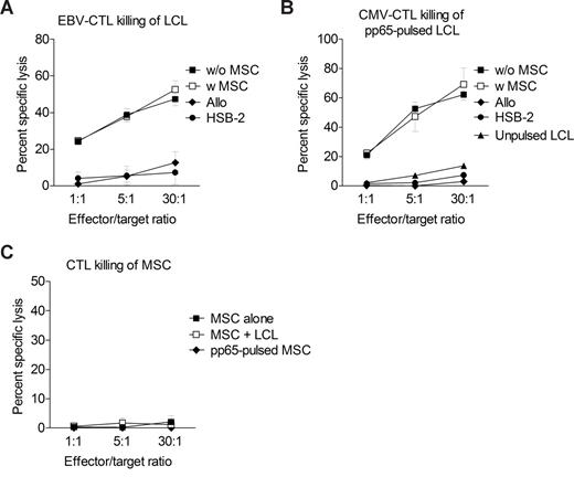Figure 5. MSCs have no effect on cytolytic killing of virally infected target cells by virus-specific CTL. (A) EBV-CTL or (B) CMV-CTL cultured with EBV or CMV antigens, respectively, for 5 days in the presence or absence of MSCs were analyzed for cytolytic activity of autologous LCL or pp65-pulsed LCL, respectively, by a standard 51Cr release assay. Allogeneic LCL and HSB-2 cells were used to control for MHC-restricted killing. (C) Negligible killing of MSCs cultured together with LCL or pulsed with pp65 peptides by virus-specific CTL. The bars show the mean specific lysis by 5 different EBV-CTL (A), 2 different CMV-CTL lines (B), and 2 EBV-CTL and 2 CMV-CTL (C). Error bars illustrate SEM.