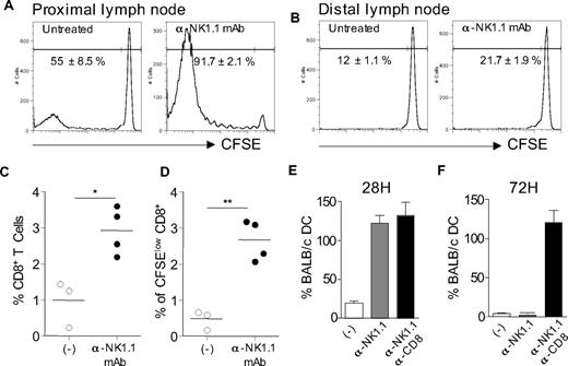 Figure 7. Host NK cells inhibit alloreactive CD8+ T-cell priming in vivo through their capacity to rapidly eliminate allogeneic H-2d DCs in draining lymph nodes. (A,B) B6 CD8−/− mice, treated, or not, with anti-NK1.1 PK136 mAb, were injected intravenously with 107 CFSE-labeled CD8+ T lymphocytes. Mice were then immunized with allogeneic BALB/c DCs (106/mouse) 1 day after passive CD8+ T-cell transfer. Four days after immunization, CFSE dilution in TCR-β+CD8+ T cells was analyzed in popliteal (proximal) or inguineal (distal) lymph node cells by flow cytometry (A). (C,D) Percentage of CD8+ T cells (C) and CFSE low CD8+ T cells (D) among total popliteal lymph node cells from individual mice (3 or 4 per group). Data are representative of 3 experiments performed. (E,F) Normal C57BL/6 mice were injected with anti-NK1.1 PK136 mAb alone or together with anti-CD8–depleting mAb as indicated. Mice were immunized with a mixture of CFSE-labeled BALB/c DCs (green) and CMTMR-labeled B6 DCs (red) as in Figure 6. Lymph nodes were collected at 28 hours (E) or 72 hours (F) and processed for confocal microscopic analysis as in Figure 6. Histograms indicate the percentage of CFSE BALB/c DCs among control CMTMR B6 DCs. Data are mean plus or minus SEM of individual lymph nodes (2 or 3 mice per group) and are representative of 2 experiments performed. *P < .05. **P < .01.