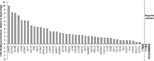Figure 1. Validation of ChIP-chip–identified SALL4-binding sites by Q-RT-PCR. Chromatin immunoprecipitation experiments were performed in NB4 cells with antibodies raised against SALL4. Forty-three randomly selected promoters identified as SALL4 targets with ChIP-chip arrays were analyzed by Q-RT-PCR. ChIP-Q-RT-PCR identified 39 targets having more than 2-fold enrichment versus the input control. The fold change of SALL4 immunoprecipitated DNA over the input is presented on a log2 scale. Negative control primers were designed based on the genomic regions surrounding the peak as shown in Figure S2.