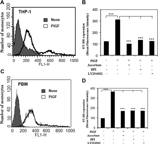 Figure 6. FACS analysis of ET-BR surface expression in THP-1 and PBM. (A,C) THP-1 cells and PBM were treated with PlGF for 24 hours and surface expression of ET-BR was analyzed by flow cytometry. (B,D) The mean fluorescence intensity of ET-BR in PlGF treated THP-1 cells and PBM in the presence or absence of indicated pharmacologic inhibitors is shown as a histogram. Data are representative of 3 independent experiments in duplicates.