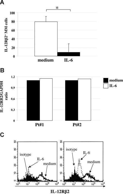 Figure 3. Down-regulation of IL-12Rβ2 by IL-6. (A) Down-regulation of IL-12Rβ2 expression in primary MM cells on incubation with medium (□) or IL-6 (■) for 48 hours, as assessed by flow cytometry using the Santa Cruz antibody. Results represent median IL-12Rβ2+ cells plus or minus SE from 4 different experiments. (B) Quantitative analysis of IL-12RB2 versus GAPDH transcript in 2 MM cell suspensions (patients 1 and 2) cultured with (□) or without (■) IL-6. (C) IL-12Rβ2 surface expression in normal PPCs before (open profile) and after (dashed line) treatment for 48 hours with hrIL-6, as assessed by flow cytometry using the BD Bioscience mAb. Dark profile indicates staining with isotype-matched mAb. Two different experiments of the 4 performed with superimposable results are shown.