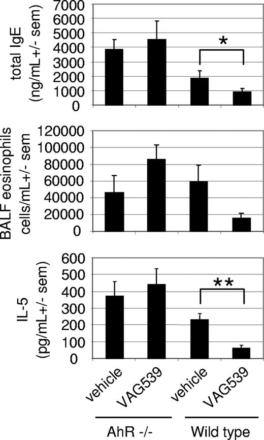 Figure 7. Loss of anti-inflammatory potency of VAG539 in AhR-deficient mice. Allergic lung inflammation was induced in wild-type or AhR−/− mice in the absence or presence of VAG539 treatment and serum IgE levels (top), eosinophilia (middle), and IL-5 (bottom) in the bronchoalveolar fluid were measured. sem indicates standard error of the mean (*P < .05. **P < .01).