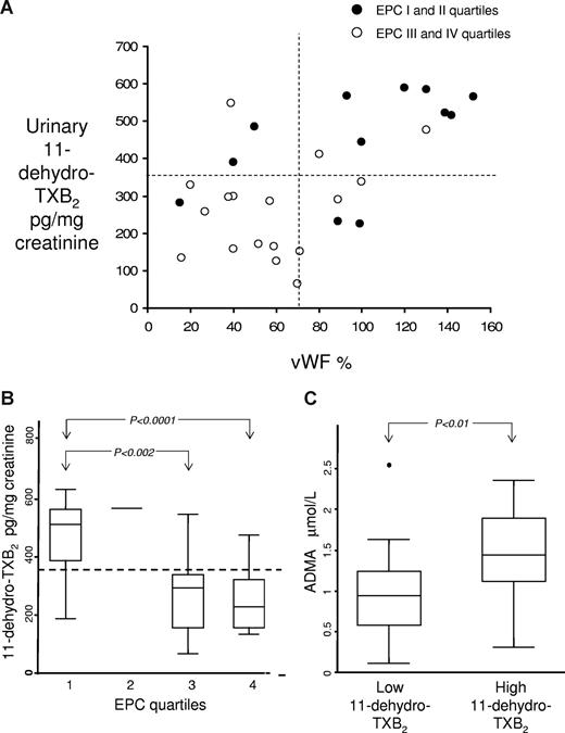 Figure 3. Relationship between urinary II-dehydro- TXB2 levels and their potential determinants in polycythemia vera patients. (A) Correlation between VWF levels and urinary 11-dehydro-TXB2 excretion in 29 polycythemia vera patients according to quartiles of ECFCs. ● represents subjects in the first and second quartiles for ECFC number. ○ represent subjects in the third and fourth quartiles for ECFC number. ¦ and mark the boundaries of median values of both VWF and 11-dehydro-TXB2. (B) Urinary 11-dehydro-TXB2 levels according to quartiles of ECFC number in polycythemia vera patients. Box and whisker plots of urinary 11-dehydro-TXB2 levels divided according to quartiles of ECFC number. , representing the 95th percentile of 11-dehydro-TXB2 values in the control group, discriminates subjects with low versus high 11-dehydro-TXB2 values. Overall significance (by Kruskal-Wallis test): P = .043. (C) ADMA levels in polycythemia vera patients, according to 11-dehydro-TXB2 values below or above the 95th percentile of control values. Box and whisker plots of plasma ADMA levels in PV patients, stratified according to 11-dehydro-TXB2 values below or above the 95th percentile of 11-dehydro-TXB2 values in the control group.