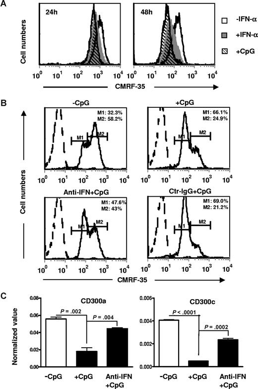 Figure 3. CpG induced down-regulation of CMRF-35 binding is IFN-α dependent. (A) pDCs cultured with CpG or IFN-α (10 ng/mL) for 24 and 48 hours were analyzed for CD300a/c expression by flow cytometry using CMRF-35 mAb. Open histogram indicates without IFN-α; filled with gray histogram, with IFN-α; filled with slash line, with CpG. (B) Histograms displaying the binding of CMRF-35 mAb to pDCs that were incubated with either control ODN (− CpG), CpG (+ CpG), anti–IFN-α + CpG or control IgG + CpG for 48 hours. Open histogram with dashed line indicates isotype control. (C) Real-time PCR analysis of CD300a and CD300c mRNA in pDCs cultured with control ODN, CpG, or anti–IFN-α + CpG for 24 hours. Data are representative of 3 experiments. Error bars represent SEM.