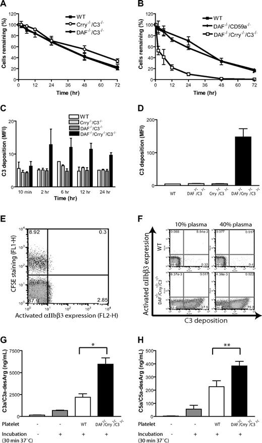 Figure 2. Complement susceptibility of WT and mutant mouse platelets. (A) Normal survival of transfused WT (■; n = 4), Crry−/−/C3−/− (○; n = 5), and DAF−/−/C3−/− (●; n = 4) mouse platelets in WT recipients; n refers to the number of recipient mice. Platelets were pooled from 2 to 3 donor mice. (B) Accelerated elimination of DAF−/−/Crry−/−/C3−/− (□; n = 4) but not DAF−/−/CD59a−/− (♦; n = 4) mouse platelets compared with WT (■; n = 3) mouse platelets. In panels A and B, platelets were pooled from 2 to 3 donor mice. Blood samples were taken at 10 minutes after labeled platelets were intravenously infused, and the percentage of labeled platelets at this time point was taken as 100% for later reference. (C) FACS analysis of C3 deposition on donor platelets from panel A (WT, Crry−/−/C3−/−, DAF−/−/C3−/−) and panel B (DAF−/−/Crry−/−/C3−/−). MFI indicates mean fluorescence intensity. C3 deposition on DAF−/−/Crry−/−/C3−/− platelets at 12 hours and 24 hours were significantly higher than C3 deposition on any other platelets (P < .05, Student t test). (D) FACS analysis of C3 deposition on WT, DAF−/−/C3−/−, Crry−/−/C3−/−, and DAF−/−/Crry−/−/C3−/− mouse platelets in vitro. Washed platelets were incubated with mouse serum (20% diluted in Tyrode buffer) at 37°C for 30 minutes. Similar results were obtained with 40% serum. Three mice were used in each group. Triplicate assays for each mouse were performed. (E) FACS analysis of activated αIIbβ3 integrin on CFSE-labeled DAF−/−/Crry−/−/C3−/− platelets 2 hours after transfer into WT recipients. (F) FACS analysis of activated αIIbβ3 integrin on WT and DAF−/−/Crry−/−/C3−/− mouse platelets after in vitro incubation (30 minutes, 37°C) with 10% or 40% WT mouse plasma (in 10 mM EGTA-MgCl2). Numbers on plots are percentages of cells in gates. (G) ELISA analysis of C3a/C3a-desArg concentration in mouse plasma after in vitro incubation with WT or DAF−/−/Crry−/−/C3−/− mouse platelets. Intact plasma (not incubated) and plasma incubated in the absence of added platelets were used as controls. All plasma samples, including controls, were diluted to 40% in 10 mM EGTA-MgCl2 before assay. (H) ELISA analysis of C5a/C5a-desArg concentration in mouse plasma after in vitro incubation. Experimental conditions were the same as panel G. Error bars represent mean (± SEM) of triplicate assays. *P < .001, **P < .05, Student t test.