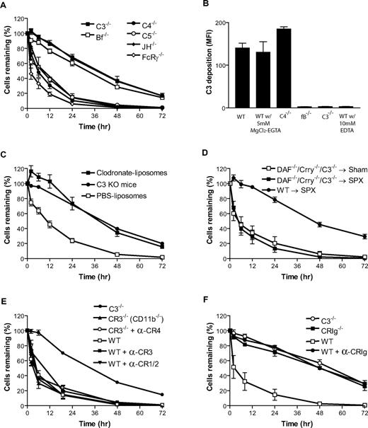 Figure 4. Role of complement, macrophage, and complement receptors in the elimination of DAF/Crry-deficient platelets. (A) DAF−/−/Crry−/−/C3−/− platelets had accelerated elimination in C4−/−, C5−/−, JH−/−, and FcRγ−/− mice but not in fB−/− and C3−/− mice (n = 3 for each type of recipients). (B) FACS analysis of C3 deposition on DAF−/−/Crry−/−/C3−/− mouse platelets (n = 3) after in vitro incubation with 20% WT, C4−/−, fB−/−, or C3−/− mouse serum in Tyrode buffer, 5 mM MgCl2-EGTA, or 10 mM EDTA. Similar results were obtained with 40% serum. Sera were pooled from 3 to 4 mice of each genotype. Error bars represent means ± SEM of triplicate assays. (C) Treatment of recipient mice with clodronate-liposomes (■; n = 4) but not PBS-liposomes (□; n = 4, negative control) prevented accelerated elimination of DAF−/−/Crry−/−/C3−/− platelets. C3−/− mice (●; n = 4) were used as control recipients for the rescue experiment. (D) Splenectomy (SPX) did not prevent DAF−/−/Crry−/−/C3−/− platelets from accelerated elimination. DAF−/−/Crry−/−/C3−/− platelets transfused into splenectomized WT recipients (■; n = 3) had similar half-life to those transfused into sham-operated WT mice (□; n = 3), and both had accelerated elimination compared with WT platelets transfused into splenectomized WT recipients (●; n = 3). (E) Blockade of CR3 in WT mice by anti-CR3 (M1/70) (■; n = 3) or CR3 gene knockout (▴; n = 3) did not rescue DAF−/−/Crry−/−/C3−/− platelets from accelerated elimination. Blockade of CR4 in CR3−/− mice by anti-CR4 (N418) (○; n = 2) and blockade of CR1/2 in WT mice by anti–CR1/2 (7G6) (▾; n = 3) also did not prevent the elimination. WT (□; n = 3) and C3−/− (●; n = 3) were used as control recipients. (F) Blockade of CRIg in WT mice by anti-CRIg (14G8.2) (●; n = 3) or CRIg gene knockout (■; n = 3) prevented DAF−/−/Crry−/−/C3−/− platelets from accelerated elimination. WT (□; n = 3) and C3−/− (○; n = 3) were used as control recipients. All error bars represent mean (± SEM).