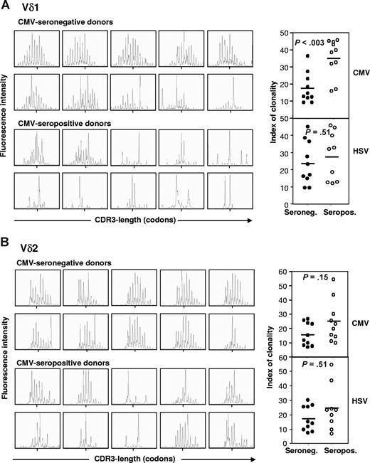 Figure 2. Oligoclonality of Vδ1, but not Vδ2, repertoire was more pronounced in CMV+ compared with CMV− subjects. Profiles of Cδ-Vδ1 (A) and Cδ-Vδ2 (B) CDR3 length distribution were obtained by Immunoscope analysis of the PBMCs of 10 CMV− and 10 CMV+ donors. (Left panels) Fluorescence intensity is represented in arbitrary units as a function of the size of single-stranded DNA fragments. (Right panels) The index of clonality for each patient studied was calculated as indicated in “Analysis of TCR CDR3-length distribution by Immunoscope” and plotted as a function of the donor CMV (top panels) or HSV (bottom panels) serology status. HSV serology could not be determined for one CMV-seropositive donor, explaining why only 19 donors are plotted in the bottom panels. Means are indicated by a short line.
