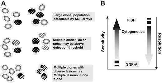 Figure 6. The concepts of sensitivity and resolution in the context of SNP-A–based karyotyping, metaphase cytogenetics, and FISH. (A) Numerically large clones characterized by a chromosomal defect are easily detectable by SNP-A (top portion). The presence of clonal mosaicism may be detected if individual clones reach the detection threshold. Compound defects (bottom portion) cannot be distinguished by SNP-A from clonal mosaicism (middle portion). (B) Comparison of sensitivity (size of the clone) and resolution (size of the lesion) between SNP-A, metaphase cytogenetics, and FISH.
