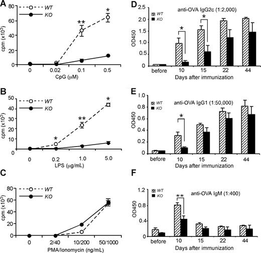 Figure 7. Lack of response to TLR stimulations and reduced Ab production by B cells from HSP90b1 KO mice in response to Ag and a TLR ligand. (A-C) Splenic B cells were purified using magnetic beads coated with CD19 Ab from WT and KO mice. Cells were stimulated at 105 cells per well in a 96-well round-bottom plate with CpG (A), LPS (B), and PMA/ionomycin (C) at the indicated concentrations for 38 hours followed by pulsing with 3H-thymidine for 10 hours. Proliferation (cpm) was indexed by 3H-thymidine incorporation. Four experiments were performed with the similar findings. *P < .05; **P < .01. (D-F) Mice were immunized with OVA plus LPS in IFA, followed by measurement of serum anti-OVA IgG2c (D), IgG1 (E), and IgM (F) by ELISA (n = 4-6 mice per group). *P < .05; **P < .01. Error bars represent SEM.