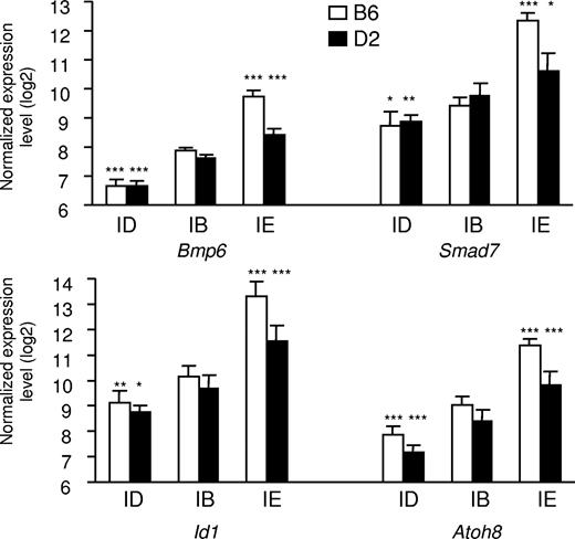Figure 2. Expression of Bmp6, Smad7, Id1, and Atoh8 in the liver of mice fed diets with different iron contents. The expression of the 4 transcripts was assessed in mice of 2 strains (B6 and D2) fed an iron-deficient (ID), iron-balanced (IB), or iron-enriched (IE) diet. Expression levels were normalized to HPRT and log2 transformed, and are expressed as means of 5 samples plus or minus standard deviation. The contribution of diet was assessed by ANOVA, and statistical significant differences relative to the iron-balanced diet were determined by Scheffe posthoc tests. *P < .05; **P < .01; ***P < .001.