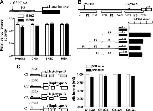 Figure 3. The effects of VKORC1 SNPs on RNA splicing and mRNA levels. (A) Relative amounts of 3 splice variants of VKORC1 in 65 liver samples. The splice variants were measured by PCR using fluorescently labeled primers. (B) Splice variants of VKORC1 in 4 cell lines after transfection with the entire transcribed region of VKORC1. Haplotype A (1173 T, 1542 C, 2255 T) or haplotype B (1173 C, 1542 G, 2255 C) in pcDNA vector was transfected separately into different cell lines, and VKORC1 splice variants measured. (C) Allelic RNA expression of VKORC1 in 4 cell lines after cotransfection with VKORC1 haplotype A and B, using 3730A>G as marker. Haplotype B contains the 3730 G allele, whereas haplotype A contains the 3730 A allele. Data are means plus or minus SD.