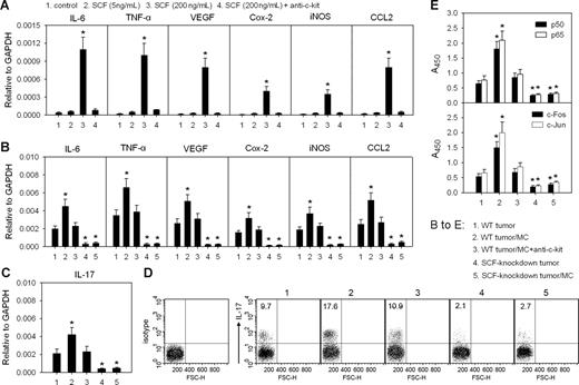 Figure 5. SCF/c-Kit signal induces the mast cell–mediated remodeling of tumor inflammatory microenvironment. (A) Expression of proinflammatory genes in mast cells. Mast cells were cultured in the presence or absence of SCF and anti–c-Kit antibody. The levels of IL-6, TNF-α, VEGF, Cox-2, iNOS, and CCL2 mRNAs were detected by real-time PCR. (B-E) Expression of proinflammatory genes in tumor and the activities of NF-κB and AP-1 in tumor cells. The mice bearing WT H22 tumor received the intravenous injection of mast cells and anti–c-Kit antibody as indicated. The mice bearing SCF-knockdown H22 tumor received the intratumor injection of mast cells. The levels of IL-6, TNF-α, VEGF, Cox-2, iNOS, CCL2, and IL-17 mRNAs in tumor tissues were detected by real-time PCR (B,C). IL-17 expression (IL-17+) cells in immune cells from tumor were analyzed by flow cytometry (D). Numbers on plots are percentages of total cells gated. Tumor cells were isolated from tumor tissue as described in “Assay of the activities of NF-κB and AP-1.” (E). *P < .05, compared with control tumor cells or WT tumor control. Error bars represent SD.