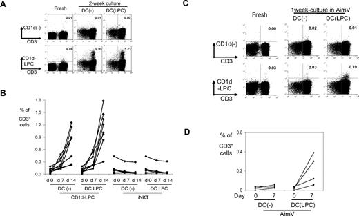 Figure 3. Expansion of human CD1d-LPC+ T cells in culture. (A) Expansion of CD1d-LPC+ cells in serum-containing media: representative FACS plot showing the presence of LPC specific T cells in freshly isolated PBMCs or after coculture with DC pulsed with or without LPC in culture media with 5% pooled human serum. Numbers in the quadrant correspond to percentage cells of total CD3+ cells, and data shown are gated for live cells. (B) Summary of experiments (n = 8) with unpulsed-DC or LPC-pulsed DC in serum-containing culture media. Each dot corresponds to percentage of CD1d-LPC+ cells per total CD3+ cells, and each line corresponds to data before and after 2-week expansion. (C) Expansion of CD1d-LPC+ cells in serum-free media: representative FACS plot showing the presence of LPC specific T cells in freshly isolated PBMCs or after coculture with DC pulsed with or without LPC in serum free media. Numbers in the quadrant correspond to percentage of cells of total CD3+ cells, and data shown are gated for live cells. (D) Summary of experiments (n = 4) with unpulsed DC or LPC pulsed DCs in serum-free media. Each dot corresponds to percentage of CD1d-LPC+ cells per total CD3+ cells, and each line corresponds to data before and after 1-week expansion.