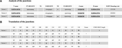 Figure 3. Alignment of nucleotide sequences and translation of IG heavy chain CDR3. DNA extracted from lung explant specimens was amplified using the FR1/JH BIOMED-2 PCR protocol. After purification, PCR fragments were directly sequenced. (A) Sequences were aligned to immunoglobulin sequences using IMGT/V-QUEST18 and IMGT/JunctionAnalysis,19 from IMGT, the international ImMunoGeneTics information system (http://imgt.cines.fr). Somatic mutations were defined as nucleotide substitutions after elimination of the known polymorphisms described in the IMGT database.20 (B) The same database determines the ability of sequences to code for functional heavy chains. First line includes amino acid positions according to the IMGT unique numbering for V-DOMAIN.21