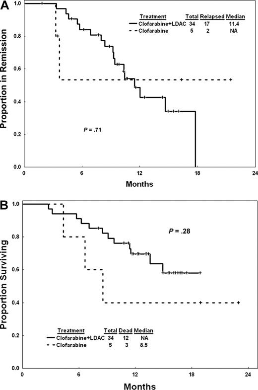 Figure 2. Remission duration and survival of CR patients. (A) Remission duration. (B) Overall survival of complete responders.