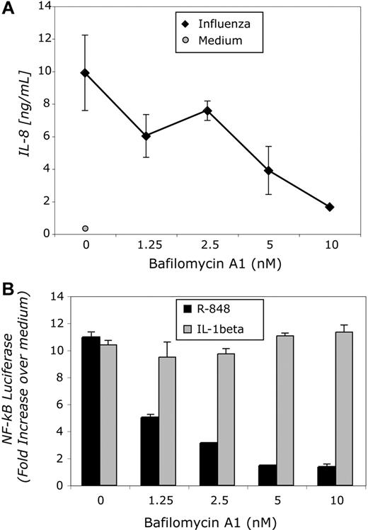 Figure 4. Bafilomycin A1 inhibits both R-848– and influenza-mediated signaling. (A) Human neutrophils (106 cells) were incubated with GM-CSF (100 U/mL) for 30 minutes, with the indicated concentrations of bafilomycin A1 for 30 minutes, and then stimulated with influenza virus (X31, 100 000 HA). Supernatants were collected at 24 hours and cytokines measured by ELISA. (B) HEK/TLR8 cells (5 × 104 cells) were transfected with reporter plasmids, incubated with the indicated concentration of bafilomycin A1 for 30 minutes, and then stimulated with either R-848 (10 μM) or IL-1β (100 ng/mL). Cells were lysed 8 hours later. The readout is the fold increase of firefly luciferase/Renilla luciferase ratio over the unstimulated control. Error bars represent SD of triplicate samples.