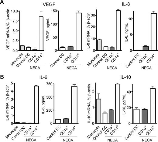 Figure 3. Adenosine-differentiated CD1alowCD14+ DCs express VEGF, IL-8, IL-6, and IL-10, a combination of angiogenic, proinflammatory, and immune suppressive factors. (A,B) Immature DCs were generated from human monocytes in the presence of 30 μM NECA, and CD1a+ and CD1a−CD14+ cells were separated by immunomagnetic technique. These cells, as well as freshly purified monocytes as control, were cultured under the same conditions with the addition of 20 ng/mL TNF-α. Cells were harvested after 6 hours for mRNA quantification; culture supernatants for measurements of secreted cytokines were collected from duplicate samples after 24 hours. Specific mRNA transcripts were quantified by real-time PCR, and concentrations of secreted cytokines were measured by ELISA. Average values from 3 different experiments are shown. Error bars denote SE.