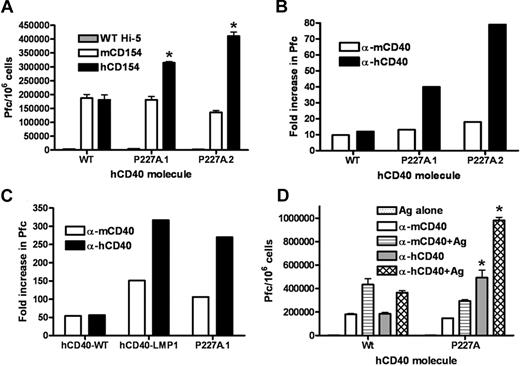 Figure 2. IgM secretion stimulated by hCD40-P227A versus WT hCD40. (A) CH12.LX cells stably expressing hCD40WT (WT) or hCD40-P227A (P227A.1, P227A.2) were stimulated for 72 hours with insect cells infected with WT baculovirus (WT-Hi5), mCD154 expressing baculovirus (mCD154), or hCD154 expressing baculovirus (hCD154). IgM-secreting cells in replicate cultures are enumerated (± SE) as described.25 Results are representative of 2 similar experiments. (B) Cells were stimulated with 2 μg/mL agonistic α-mCD40 mAb, α-hCD40 mAb, or isotype control mAbs for 72 hours. Data represent fold increase in Pfc: mean Pfc of replicate cultures stimulated through CD40 divided by mean Pfc of replicate cultures of cells stimulated with isotype control mAbs, and are the mean values of 3 separate experiments. (C) CH12.LX cells stably expressing hCD40WT, hCD40-P227A (P227A.1) or a chimeric molecule consisting of the extracellular and transmembrane domains of hCD40 and the intracellular domain of LMP-1 (hCD40-LMP1) were stimulated as in panel B. Data represent mean fold increase in Pfc over cells stimulated with isotype control antibodies, as in panel B and are representative of 3 similar experiments. (D) Cells were stimulated as indicated with 2 μg/mL agonistic α-mCD40 or α-hCD40 mAb plus or minus 0.1% SRBC (Ag). IgM production was measured as in panel A and is representative of 2 similar experiments. Similar results were observed with a second subclone expressing hCD40-P227A. Asterisk denotes statistical difference (*P < .05) between hCD40WT and hCD40-P227A by 2-tailed Student t test.