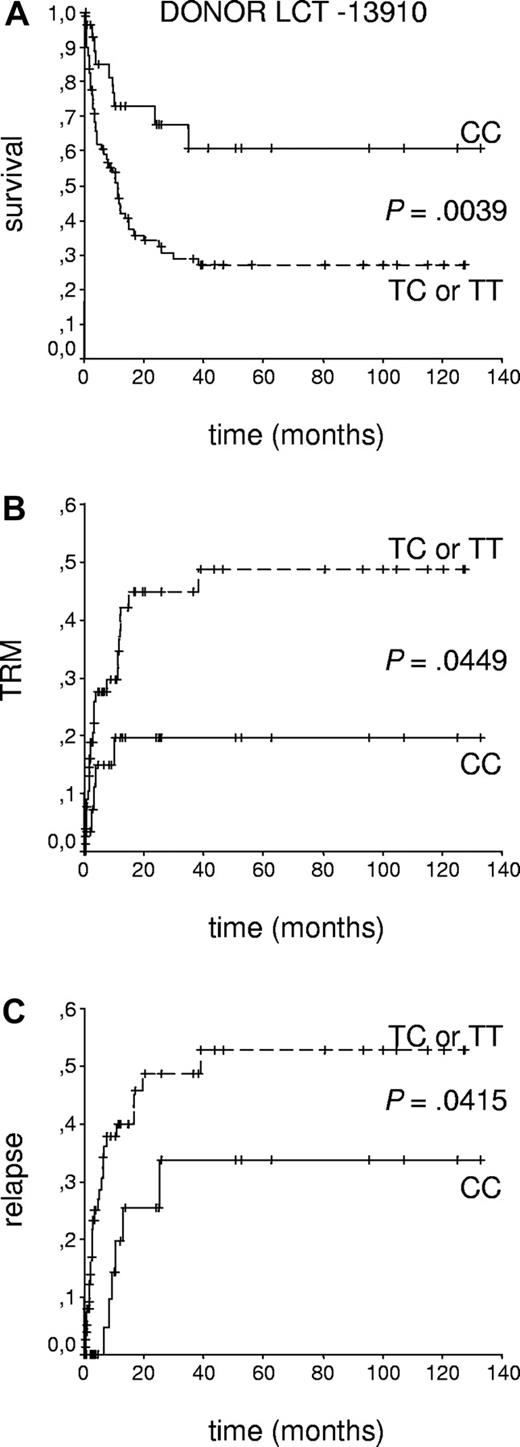 Figure 1. Overall survival, TRM, and relapse or progression according to donor LCT-13910C>T genotypes. Patient numbers: CC: n = 30; TC or TT: n = 81. (A) Kaplan-Meier analysis of overall survival, (B) cumulative incidence of TRM, (C) cumulative incidence of relapse or progression.