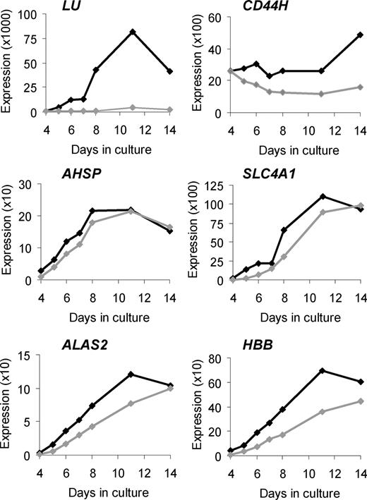 Figure 1. Validation of selected microarray results by Q-PCR. Changes in target gene expression during ex vivo erythropoiesis are depicted. The vertical axis represents the target gene expression normalized to PABPC1 expression and relative to the UR/FL calibrator (as described in “Quantitative real-time polymerase chain reaction”). Black lines indicate average expression in control erythroblasts (n = 4); gray lines indicate average expression in In(Lu) erythroblasts (n = 4).