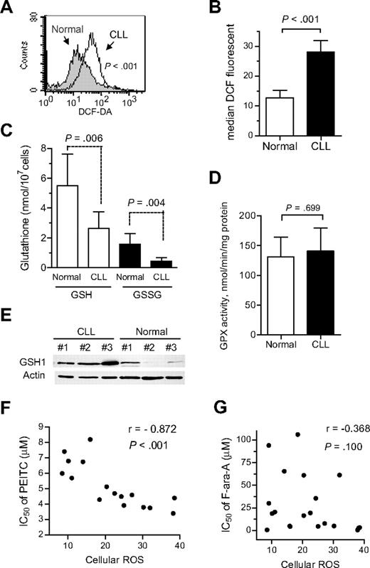 Figure 3. Alterations of redox states in primary CLL cells. (A) Increase of basal ROS in primary CLL cells, detected by flow cytometry using 1 μM DCF-DA. Representative histograms for CLL cells and normal lymphocytes are shown. (B) Quantitative comparison of the basal ROS levels between normal lymphocytes and primary CLL cells from 12 healthy donors and 33 CLL patients. Each bar represents the mean and 95% CI. (C) Decrease of basal reduced and oxidized glutathione (GSH and GSSG) in primary CLL cells (n = 9), compared with that of normal lymphocytes (n = 5). Each bar represents the mean and 95% CI. (D) GPX enzyme activities of normal lymphocytes (n = 4) and primary CLL cells (n = 8). Each bar represents the mean and 95% CI. (E) Basal expression levels of glutathione synthesis enzyme GCS (GSH1) in lymphocytes from 3 healthy donors and 3 CLL patient samples. (F) Correlation between the IC50 values of PEITC (MTT assay) and the basal ROS levels in primary CLL cells (n = 18). Spearman correlation coefficient r = −0.872, P < .001. (G) Lack of correlation between the IC50 values of F-ara-A (MTT assay) and basal ROS levels in primary CLL cells (n = 21). Spearman correlation coefficient r = −0.368, P = .100.