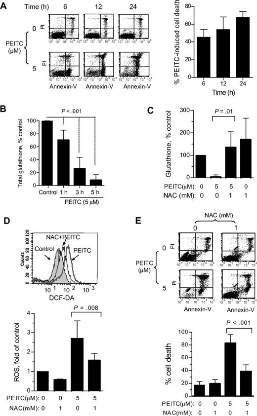 Figure 4. PEITC killed CLL cells mediated by glutathione depletion of ROS stress. (A) Time course of CLL cell killing by 5 μM PEITC, analyzed by annexin-PI assay. Representative dot plots (left panel) and quantitation of cell death (right panel) are shown. Percentage of drug-induced cell death was calculated by subtracting the spontaneous cell death from the overall cell death in the PEITC-treated sample. Each bar represents the mean and 95% CI (n = 23). (B) Depletion of cellular glutathione in CLL cells after exposure to 5 μM PEITC for indicated times. Each bar represents the mean and 95% CI (n = 9 CLL samples for each time point). (C) Effect of NAC on PEITC-induced glutathione depletion. CLL cells were preincubated with 1 mM NAC for 1 hour before exposure to 5 μM PEITC for 5 hours. Each bar represents the mean and 95% CI (n = 4). (D) Effect of NAC on PEITC-induced ROS accumulation is shown. CLL cells were preincubated with 1 mM NAC for 1 hour before exposure to 5 μM PEITC for 2 hours. Each bar represents the mean and 95% CI from assays of 3 different CLL samples. (E) Effect of NAC on PEITC-induced cell death. CLL cells were pre-incubated with 1 mM NAC for 1 hour before exposure to 5 μM PEITC for 24 hours. Cell death was detected by annexin/PI assay. Each bar represents the mean and 95% CI from assays of 7 CLL samples.