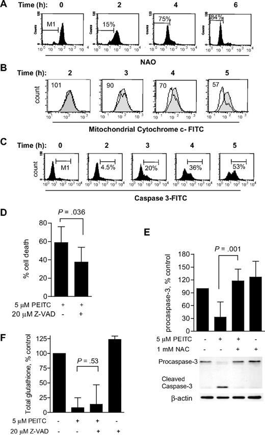 Figure 5. PEITC induces CLL cell death through oxidative damage to mitochondria. (A) Induction of oxidative damage to cardiolipin in CLL cells by PEITC (5 μM). Cardiolipin oxidation was measured by flow cytometry using NAO staining.17 M1 indicates the gating of the subpopulation of CLL cells that lost cardiolipin signal due to oxidation. Representative histograms of the time course experiments in a CLL patient sample are shown. Similar results were obtained using another sample. (B) Loss of mitochondrial cytochrome c induced by 5 μM PEITC in CLL cells. The overlays of the control (gray shade) and PEITC-treated (black line) samples show the distribution of mitochondrial cytochrome c fluorescent intensity of each cell population, with the mean value of the relative intensity indicated. Representative histograms of a CLL patient sample are shown. Similar results were obtained using another sample. (C) Caspase-3 activation in CLL cells treated with 5 μM PEITC, measured by flow cytometry using FITC-conjugated antibody specific for active caspase-3. M1 indicates the gating of subpopulation of cells with positive caspase-3 activation. Representative histograms of a CLL patient sample are shown. Similar results were obtained using 2 other different patient samples. (D) Partial suppression of PEITC-induced cell death by Z-VAD-fmk. CLL cells were preincubated with 20 μM Z-VAD-fmk for 30 minutes before incubation with 5 μM PEITC for 24 hours. Cell death was detected by annexin V/PI assay. Each bar represents the mean and 95% CI (n = 5 CLL samples). (E) Suppression of PEITC-induced caspase-3 activation by NAC. CLL cells were preincubated with 1 mM NAC for 1 hour before incubation with 5 μM PEITC for 5 hours. Procaspase-3 was detected by Western blot and quantified by densitometry and normalized with β-actin. Each bar represents the mean and 95% CI of 3 different CLL samples. (F) No effect of Z-VAD-fmk on PEITC-induced glutathione depletion was found. CLL cells were preincubated with 20 μM Z-VAD-fmk for 30 minutes before incubation with 5 μM PEITC for 5 hours. Each bar represents the mean and 95% CI of 3 different CLL samples.
