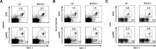 Figure 1. Bcl10 deficiency does not interfere with NK cell development. Splenocytes (A), bone marrow cells (B), and liver lymphocytes (C) from Bcl10-deficient and wild-type control animals were stained for expression of CD49b (DX5), NK1.1, and Ly49D NK-cell surface markers. The percentages of NK cells with respect to total cell numbers are indicated. Data are representative of 4 mice per group.