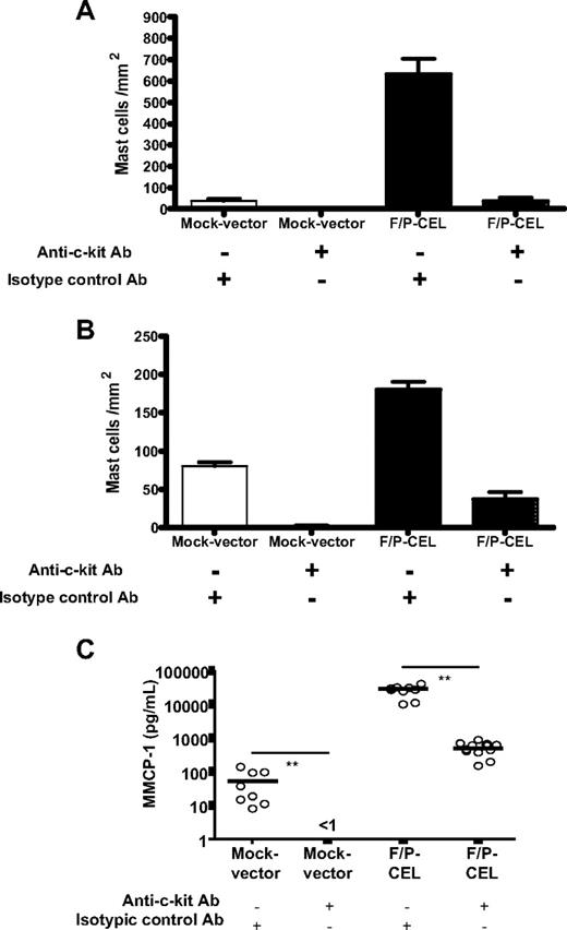 Figure 4. Anti–c-kit treatment dramatically reduces the tissue MC infiltration and serum level of MMCP-1. After hematopoietic engraftment, on day +21 after transplantation, mice were treated with an anti–c-kit neutralizing antibody (ACK2) or an isotype-matched control antibody (J1.2). The effect of ACK2 treatment on the levels of intestinal (A) and skin (B) mast cells in F/P-positive CEL and mock vector–transduced recipient mice was assessed by morphometric analysis of chloroacetate esterase (CAE)–stained cells. Results are shown as means (± SEM) from 4 to 6 mice per group of 1 representative experiment of 2 independent experiments. *P < .05; #P < .001, compared with isotype control–treated mice. (C) The effect of ACK2 treatment on levels of MMCP-1 in the same groups of mice was assessed by ELISA. Each dot represents results from each individual mouse, and horizontal bars show mean values (n = 7-11 pooled from 2 independent experiments; **P < .001).