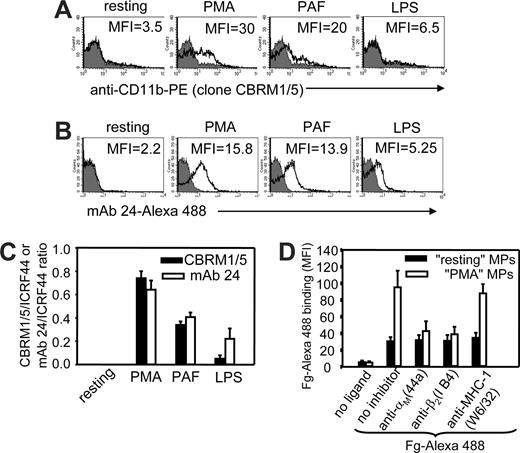 Figure 2. αMβ2 Present on PMN-derived MPs is in active conformation and functional. (A-C) The samples were prepared from human PMNs and analyzed as described in Figure 1. The mAbs used were directed to activation-dependent epitopes within the αM subunit: CBRM1/5-PE (A), mAb 24-Alexa488 (B) (black, open histograms), or mouse antibody isotype controls (PE-IgG1) and Alexa488-IgG1 (gray-filled histograms). (C) Alternatively, the samples were stained in the same FACS tube with mixtures of CBRM1/5-Alexa488 plus ICRF44-PE or mAb24-Alexa488 plusICRF44-PE mAbs, and ratios of binding of the αMβ2 activation-specific mAbs to total αMβ2 (measured with ICRF44) were calculated. (D) Human PMNs were pretreated with function-blocking mAbs to the αM (44a), the β2 (IB4), or MHC-1 (W6/32) mAbs (10 μg/mL) for 15 minutes at 37°C and then either left resting or stimulated with PMA (50 nM) in the absence or presence of Alexa488-labeled human Fg (20 μg/mL) for 30 minutes at 37°C. The samples were fixed, and 10 000 events falling into gate R2 (Figure 1A dot plot) were analyzed. The data are MFI (± SEM) and are representative of 5 independent experiments.