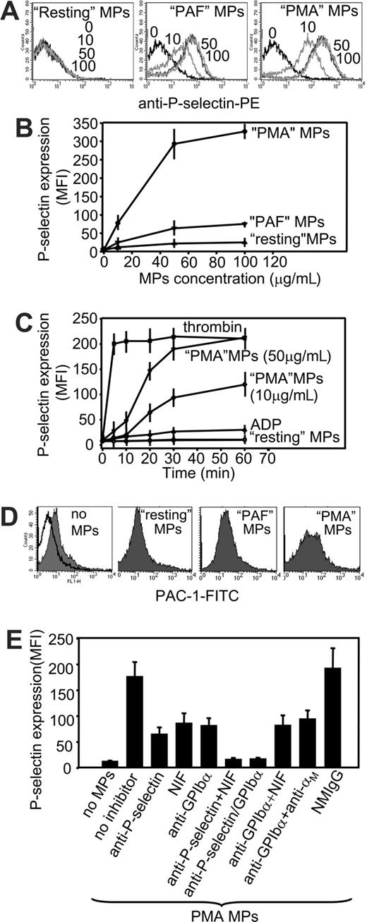 Figure 4. MPs derived from PMA-stimulated PMNs activate platelets. (A,B) Gel-filtered human platelets (6 × 106 in 150 μL) were incubated with increasing concentrations (0-100 μg/mL) of MPs as indicated in Tyrode buffer containing 1 mM Ca2+ and PE-conjugated mAb to human P-selectin or its isotype control (IgG1-PE) for 1 hour at 37°C. After incubation, the platelets were fixed and analyzed by FACS. (C) The experiments were performed as described in panels A and B, but in addition to resting or PMA MPs, platelets were stimulated with human thrombin (1 U/mL), ADP (10 μM) for 0 to 60 minutes at 37°C. (D) Human platelets were incubated with MPs (50 μg/mL) and PAC-1-FITC mAb (filled histograms) or FITC-labeled mouse isotype control (IgM; open histogram) as described above. PAC-1 binding was analyzed by FACS. (E) Gel-filtered human platelets were preincubated in the absence or presence of function-blocking mAbs to GPIbα or P-selectin or both or normal mouse IgG (10 μg/mL), whereas MPs (50 μg/mL, final concentration) were pretreated with NIF (20 nM) or anti-αM mAb (44a; 10 μg/mL) for 20 minutes at 37°C. Next, the cells and MPs were combined in the presence of PE-conjugated mAb to human P-selectin or its isotype control and incubated for 30 minutes at 37°C. The data are expressed as MFI (± SEM) from 3 separate experiments using platelets from 4 different blood donors and MPs from 3 preparations.