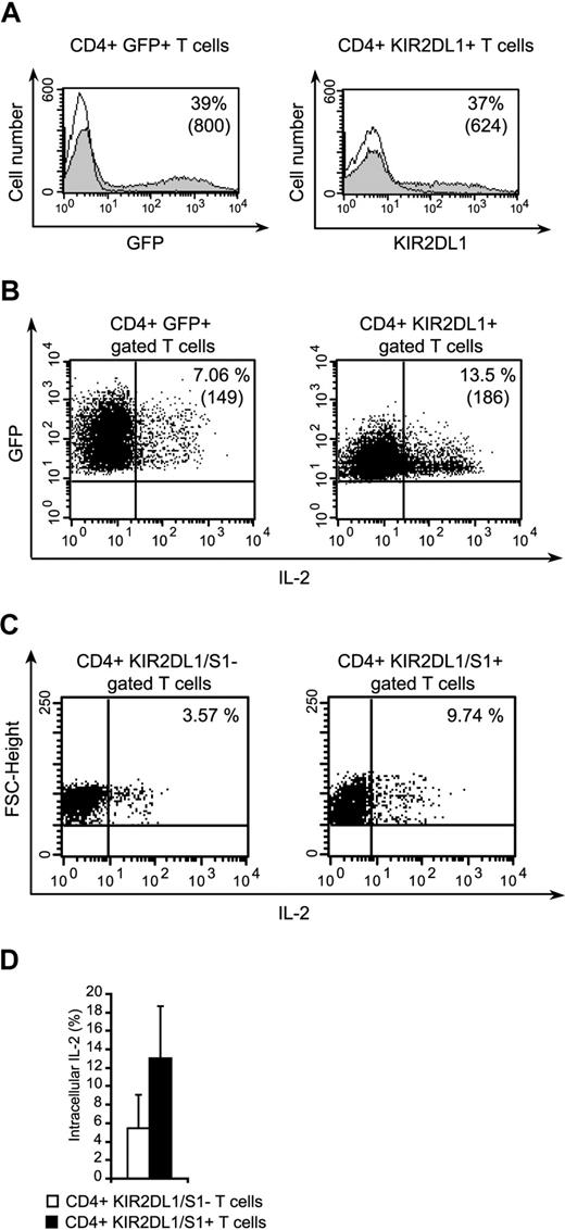 Figure 7. The transfection of primary CD4+ T cells with KIR2DL1 enhances IL-2 production. (A) Expression of GFP and KIR2DL1 by naive CD4+ T cells transfected with pEGFP-N1/KIR2DL1 or pEGFP-N1. The percentages of positive cells are indicated. Numbers in parentheses correspond to mean fluorescence intensities. (B) Detection of IL-2 in CD3+CD28+stimulated CD4+/KIR2DL1+ or CD4+/GFP+ T cells. The percentages of positive cells are indicated, and mean fluorescence intensities are indicated in parentheses. (C) Immunoselected CD4+ T cells were stimulated as in panel B, stained with KIR2DL1/S1 mAbs and anti–IL-2 mAb. (D) Percentages of CD4+ KIR2DL1/S1+ or CD4+ KIR2DL1/S1− secreting IL-2 after CD3+CD8+ stimulation are shown (mean ± SD, n = 2).