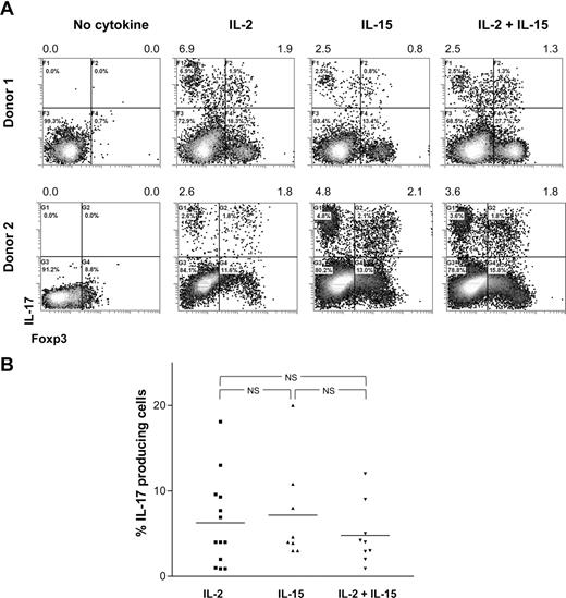 Figure 4. IL-17 production by differentiated Tregs depends on IL-2 or IL-15. Sorted CD25highCD27posCD45RAnegCD4pos (CD25highCD27pos) Tregs were stimulated with allogeneic PBMCs in the absence or presence of rIL-2, rIL-15, or both. At day 8 of the cultures, the cells were stimulated with PMA plus ionomycin in the presence of Brefeldin A and analyzed for intracellular IL-17 expression. (A) Density plots show intracellular staining of IL-17 (y-axis) and Foxp3 (x-axis) after culture of CD25highCD27pos Tregs using the culture condition indicated at the top. Results obtained with cells obtained from 2 different donors are shown. Numbers at the top of the plots indicate the percentage of IL-17–producing cells. Forward side scatter plot are shown in Figure S1. (B) Summary figure showing the percentages of IL-17–producing cells (y-axis) after culture of CD25highCD27pos Tregs using the indicated conditions (x-axis). Individual measurements and mean are indicated. Data are shown from 9 to 13 different experiments, with different donors.