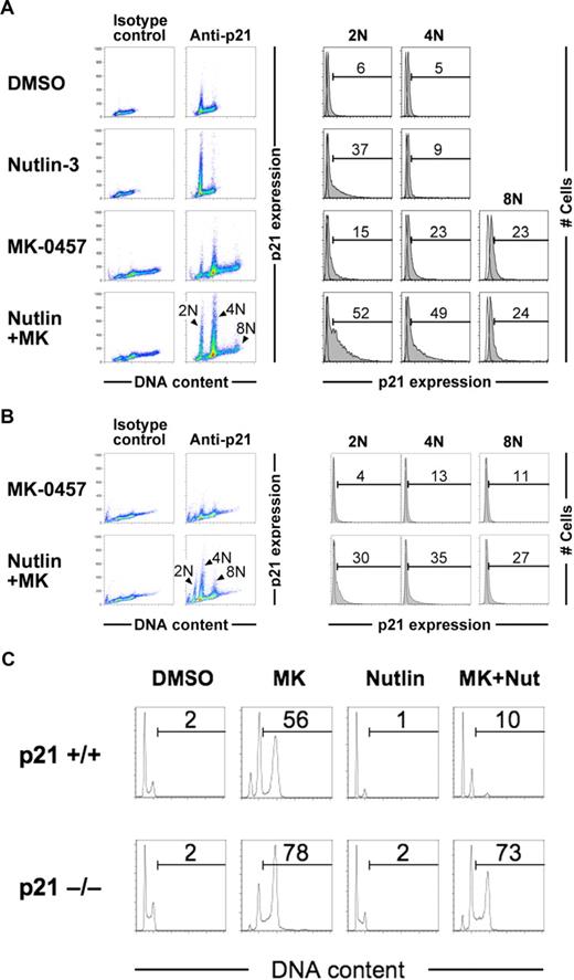 Figure 6. Nutlin-3 induces p21 in pseudo-G1 cells when combined with MK-0457. (A) OCI-AML-3 cells were treated for 24 hours with 2.5 μM Nutlin-3 and 10 nM MK-0457, either as individual agents or in combination. p21 expression levels and DNA content were measured by flow cytometry. Open histograms show staining with isotype controls. Data were gated on the FL2-area versus FL2-width cytogram to exclude doublets. Results are representative of 3 independent experiments. (B) After 48 hours of treatment, aberrant p21 expression was observed in cells with 8N as well as 4N DNA content. (C) Parental HCT116 cells (p21+/+) or p21-deficient HCT116 cells (p21−/−) were treated for 48 hours with 10 nM MK-0457 and 10 μM Nutlin-3, either as individual agents or in combination. Nutlin-3 caused G1-phase cell- cycle arrest and inhibited MK-0457-induced endoreduplication more prominently in p21+/+ cells than p21−/− cells. Results are representative of 3 independent experiments.