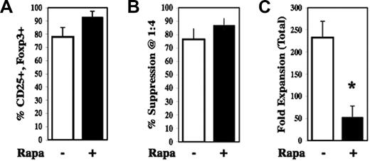 Figure 2. Rapamycin inhibits, rather than aids, the in vitro expansion of UCB Tregs. Data from a series of 3 experiments showing that rapamycin does not significantly increase the purity (A) or suppressive function (B) of UCB Treg cultures. (C) Rapamycin significantly inhibits the expansion of UCB Treg cultures (P ≤ .05).