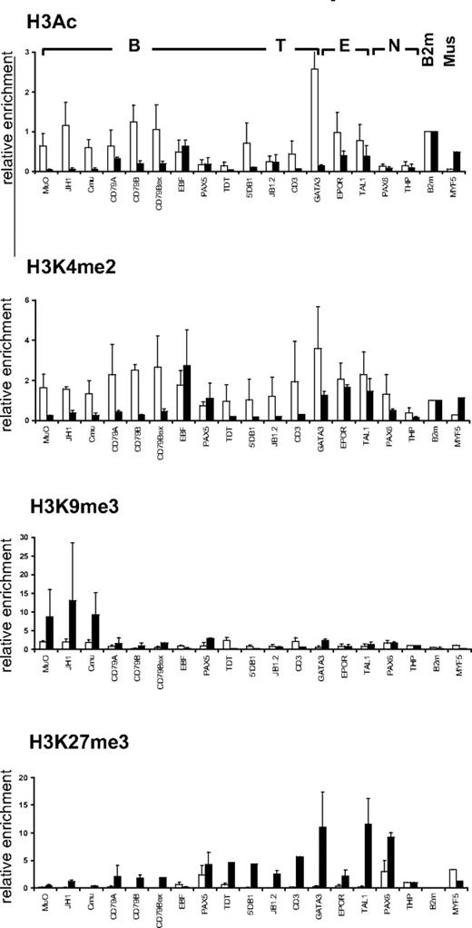Figure 4. Comparison of histone modifications in HSC and muscle satellite cells. ChIP analyses of CD34+CD38lo HSC (▭) and human muscle satellite cells () with antibodies to histone H3Ac, H3K4me2, H3K9me3, and H3K27me3 at representative B-lymphoid (B), T-lymphoid (T), erythroid (E), nonhematopoietic (N), β2-microglobulin (B2m), and muscle specific (Mus) genes. Results are shown as enrichment values (bound/input) relative to the B2m gene (for H3Ac and H3K4me2) or to the THP gene (for H3K9me3 and H3K27me3) and are means and standard deviations of 2 to 5 independent ChIP experiments analyzed in triplicate.
