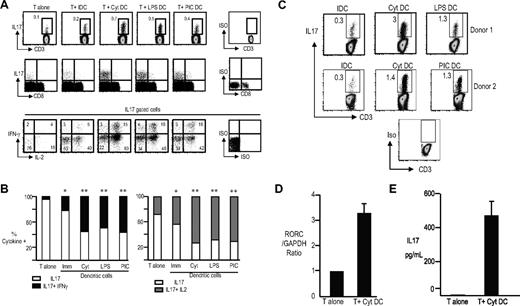 Figure 1. DC-mediated activation of human IL17-producing T cells. T cells were culture alone (T alone) or with immature DCs (T + IDC), cytokine-matured DCs (T + Cyt DC), lypopolyscharide-matured DCs (T + LPS DC) or poly I:C–matured DCs (T + PIC DC). At 5 days later, the T cells were examined for the production of IL17 using PMA/ionomycin in the presence of GolgiStop for 5 hours. The cells were labeled with aqua LIVE/DEAD dye to distinguish dead cells, fixed, permeabilized, and simultaneously stained for the presence of IL17, IL2, and IFNγ. (A) Representative plot from one of the experiments showing the frequency of the IL17 + T cells in the cultures (top panel). Middle panel shows the phenotype of IL17-producing cells (data gated on CD3+ T cells). Bottom panel shows the cytokine profile of the IL17-producing cells in the various conditions. Data gated on CD3+IL17+ cells and analyzed for the expression of IL2 and IFNγ. The numbers represent the percentage of Th17 cells expressing IL17 alone or with IL2 or IFNγ. (B) Panel on the left is a bar graph showing the percentage of IL17 cells that make IL17 with or without IFNγ. Panel on the right shows the percentage of IL17 cells that make IL17 with or without IL2. The graphs represent data from 7 different healthy donors. *P < .05 when compared with T cells alone. **P < .05 when compared with T cells alone as well as T cells cultured with immature DCs. (C) Expansion of IL17-producing T cells by DCs. T cells were cultured with DCs as above for 5 days. After 5 days, IL2 was added to the DC–T-cell cocultures, and the T cells were cultured for an additional 7 days. On day 12 of culture, the T cells were stimulated with PMA and ionomycin to assess the frequency of IL17-producing T cells. Figure shows frequency of IL17-producing cells after coculture with cytokine-matured as well as LPS- and poly I:C–matured DCs. (D) T cells cultured alone (T alone) and those from cocultures with Cyt-DCs as in panel C were stimulated with PMA/ionomycin for 5 hours, and the expression of RORC was analyzed by TaqMan. (E) T cells cultured alone (T alone) and those from cocultures with Cyt-DCs as in panel C were stimulated with PMA/ionomycin for 5 hours, and supernatants were assayed for the presence of IL17 by ELISA. Error bars in panels D and E indicate SD.