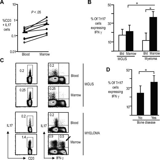 Figure 5. Enrichment of Th17-1 cells in the bone marrow of patients with myeloma. Paired samples from blood and bone marrow of patients with plasma cell dyscrasias were stimulated with PMA/ionomycin for 5 hours in the presence of GolgiStop. The presence of IL17-producing cells were examined by intracellular flow cytometry. The cells were labeled with aqua LIVE/DEAD dye to gate out the dead cells, fixed and permeabilized, and stained with antibodies against CD3, CD4, CD8, IL17, IL2, and IFNγ. (A) Frequency of IL17-producing cells in the blood compared with the bone marrow. Open symbols indicate MGUS; closed symbols, myeloma. P < .05 Horizontal bars represent the mean for IL17 cells in blood and marrow. (B) Proportion of the IL17-producing cells producing IFNγ (Th17-1 cells) in the blood or marrow of patients with myeloma (n = 4) and MGUS (n = 4). *P < .05 for marrow versus blood in myeloma, and for MGUS marrow versus myeloma marrow. (C) Representative fluorescence-activated cell sorter (FACS) plot showing frequency of Th17 as well as Th17-1 cells in paired blood and marrow samples from patients with myeloma or MGUS. The numbers represent the percentage of IL17-producing CD3+ T cells. (D) Comparison of the proportion of Th17-1 cells in patients with or without lytic bone disease. Error bars represent the mean and standard deviation.