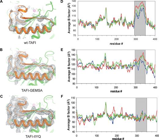 Figure 2. Inhibitor-binding and mutations reduce dynamic-flap mobility. Panels A through C depict σA-weighted 2Fo-Fc electron density maps at 1.0 σ contour level for residues 296-350 in molecule B of TAFI (A), TAFI-GEMSA (B), and TAFI-IIYQ (C). Panels D through F express TAFI mobility as the average B-factor per residue for the 3 molecules in the asymmetric unit of the crystal. In wild-type TAFI (D), mobility of residues 296-350 is more than the average for the entire molecule, in particular for molecule B. In TAFI-GEMSA (E), B-factors in this region are reduced. In TAFI-IIYQ (F), B-factors in the flap are similar to the average for the molecule. Molecule A is shown in blue, molecule B in red, and molecule C in green. Gray area denotes residues of the dynamic flap.