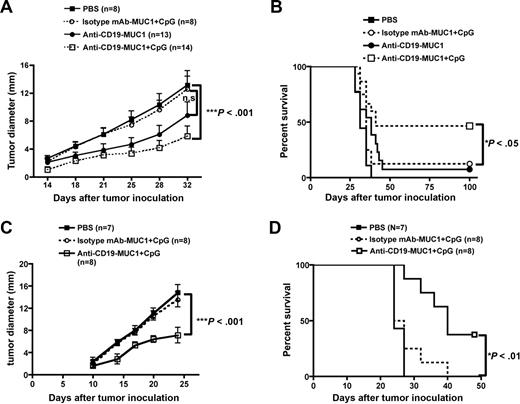 Figure 6. Significantly reduced tumor burden and enhanced tumor-free survival after anti–CD19-MUC1 plus CpG immunization in MUC1 Tg mice. (A) MUC1 Tg mice were vaccinated with isotype mAb-MUC1 or anti–CD19-MUC1 conjugates in the presence or absence of CpG twice at a 2-week interval. PBS-immunized mice were used as control. At day 21, immunized mice were challenged with 5 × 104 RAM-MUC1 tumor cells subcutaneously. Tumor growth was recorded twice a week. (B) Data suggest that mice immunized with anti–CD19-MUC1 conjugates plus CpG achieved significant long-term tumor-free survival. (C) MUC1 Tg mice were inoculated subcutaneously with 5 × 105 RAM-MUC1 tumor cells. After 7 days, mice were immunized as described in panel A. Tumor growth was recorded twice a week. Error bars show SEM. (D) Long-term tumor-free survival at day 50.