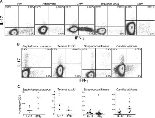Figure 2. Th17 cells respond to bacterial and fungal antigens. PB lymphocytes from cohorts of HIV-infected and uninfected persons were stimulated with a variety of viral (A) or bacterial antigens (B) overnight in the presence of brefeldin A and stained as in “Intracellular cytokine assay.” Production of IL-17 and IFN-γ by memory CD4 T cells in response to individual antigen-specific stimulation was measured by flow cytometry. (C) The frequencies of memory CD4 T cells from PB lymphocytes of several HIV+ (●) and HIV− patients (○) producing either IFN-γ or IL-17 in response to bacterial or fungal antigens are shown.