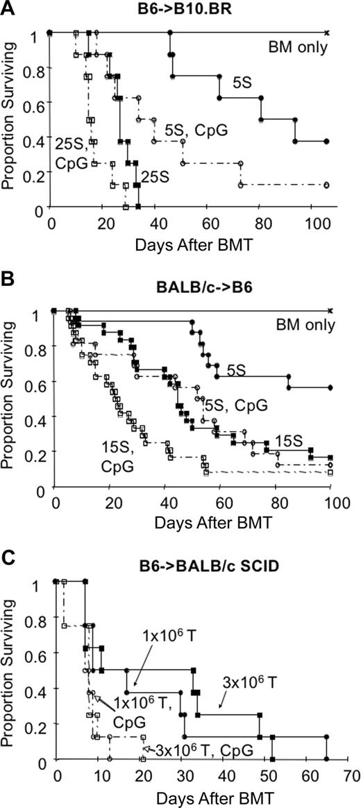 Figure 1. CpG ODNs accelerate GVHD mortality. (A-C) CpG ODNs were given intraperitoneally to cohorts of mice on d0, d7, d14, d21, and d28 (100 μg/dose). CpG indicates CpG treatment. (A) Lethally irradiated B10.BR mice were given B6 BM and 5 × 106 or 25 × 106 splenocytes (eg, 5S = 5 × 106, 25S = 25 × 106 splenocytes). n = 8/group, P ≤ .036. (B) Lethally irradiated B6 mice were given BALB/c BM and 5 × 106 or 15 × 106 splenocytes. n = 16 to 24 per group, pool of 2 to 3 experiments; P ≤ .009. (C) Nonirradiated, NK cell–depleted BALB/c SCID mice were given 106 or 3 × 106 purified B6 T cells; n = 8/group, P < .05.