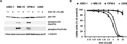 Figure 2. Treatment with Akt1/2 inhibitor Akti-1/2 is preferentially toxic for phospho-Akt–positive MM cells. (A) Western analysis of AMO-1, MM.1S, OPM-2, and U266 cells treated overnight with either 10 μM Akti-1/2 or a corresponding amount of solvent (DMSO). Whereas the levels of total Akt protein remained unaffected, phosphorylated forms of Akt and its substrate FoxO1/3a were strongly diminished in MM.1S and OPM-2 cells. (B) Viability of AMO-1, MM.1S, OPM-2, and U266 cells in coculture with BMSCs after 5 days of treatment with different concentrations of Akti-1/2. Survival was determined by annexin V–FITC/PI staining and expressed in relation to the viability of DMSO-treated control cells. The graph displays the results from 3 independent experiments; error bars mark standard deviations.