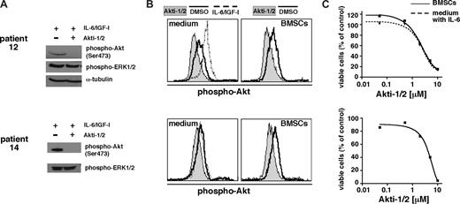Figure 3. Akti-1/2 inhibits Akt phosphorylation in primary MM cells and induces apoptosis in the presence or absence of BMSCs. Shown are 2 examples of biochemical analysis of the effects of Akti-1/2 on primary MM cells. (A) Western analysis of freshly purified CD138+ MM cells (200 000 per lane) treated overnight with either DMSO or Akti-1/2 (10 μM). At 15 minutes before harvest, cells were stimulated with a combination of IL-6 and IGF-1 to show inducibility of activated Akt and lack of this effect in cells treated with the Akt inhibitor. Phospho-ERK1/2, which was always unchanged by Akti-1/2 treatment in primary MM cells or in MM cell lines, serves as surrogate loading control for the blot for patient 14. (B) Phospho-Akt–specific flow cytometry for the same primary samples as in panel A. A total of 50 000 cells per well were kept for a total of 24 hours in medium alone or in coculture with BMSCs. They were then treated overnight with Akti-1/2 (10 μM) or DMSO. Primary MM cells stimulated with IL-6 and IGF-1 for 15 minutes served as positive control. (C) Cytotoxic effect of Akti-1/2 treatment on the same primary MM cells as shown in panels A and B. Freshly purified MM cells were kept overnight either in medium supplemented with 2 ng/mL IL-6 or in the presence of BMSCs. They were then exposed to different concentrations of Akti-1/2 and their viability was measured after 5 days by annexin V–FITC/PI staining and flow cytometry.