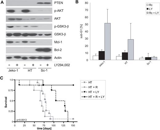 Figure 5. Pharmacologic inhibition of PI3K signaling reduces Mcl-1 expression and sensitizes B-NHL cells to rituximab-induced apoptosis in vitro and rituximab treatment in vivo. (A) Immunoblot analyses of rituximab-resistant B-NHL cells treated with the PI3K inhibitor LY294,002 (10 μM) or vehicle (−) using the indicated primary antibodies. Note the down-regulation of endogenous Mcl-1 expression in PTEN-negative Jeko-1 and HT B-NHL cells by the PI3K inhibitor. (B) Rituximab-resistant B-NHL cells were incubated for 48 hours with cross-linked rituximab (Rc), the PI3K inhibitor LY294,002 (LY, 10 μM), or both. The fraction of cells with apoptotic DNA fragmentation was quantified flow cytometrically; mean values plus SD of 3 independent experiments are shown. (C) Kaplan-Meier plots of symptom-free survival of NOD/SCID mice after intravenous inoculation of 107 HT cells. Starting on day 5, 2 groups of mice received intraperitoneal injections of rituximab (HT + R, gray dots, solid line) or vehicle (HT, gray boxes, dashed line). A third group received intraperitoneal injections of the PI3K inhibitor LY294,002 (HT + LY, black triangles, dashed line), whereas the fourth group was treated with LY294,002 in combination with rituximab (HT + R + LY, black diamonds, solid line); 8 mice were treated in each group. Note that LY294,002 successfully sensitized the mice toward rituximab treatment.
